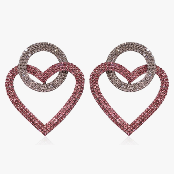 Pink Rhinestone Heart Double Link Post Earrings CZ Crystal Pave Statement New - Picture 3 of 7